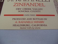 A. Rafanelli 2000 Zinfandel Wine Label Dry Creek Valley Sonoma Unfiltered