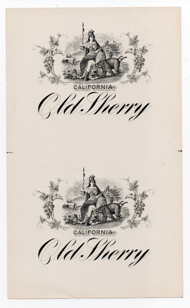 Circa 1900 Pair of Uncut California Old Sherry Wine Labels with Minerva & Bear