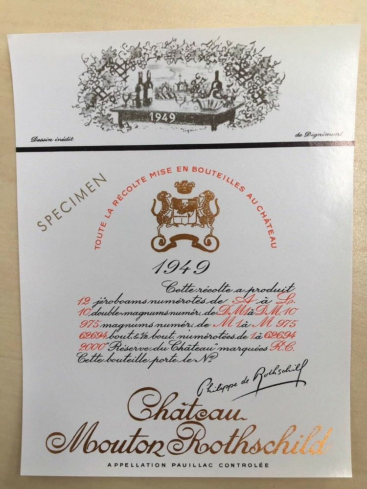 The 1949 Chateau Mouton Rothschild (Specimen) – Label By: Andre Dignimont