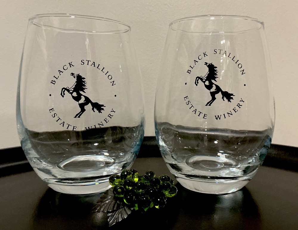 BLACK STALLION Estate Winery Stemless Wine Glasses (2) NAPA VALLEY ~ PRISTINE!