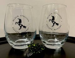 BLACK STALLION Estate Winery Stemless Wine Glasses (2) NAPA VALLEY ~ PRISTINE!