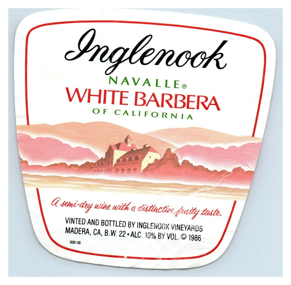 1986 Inglenook Navalle White Barbera California Wine Label Original S8