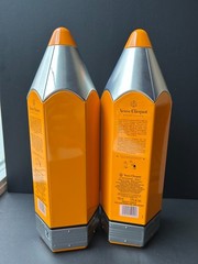 TWO VEUVE CLICQUOT CHAMPAGNE PENCIL ORANGE METAL TIN CARRIER / CHAMPAGNE / BAR