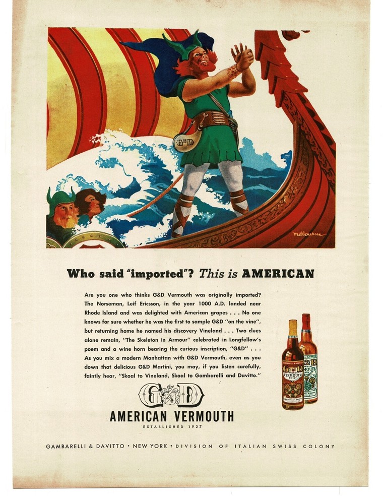 1945 G&D American Vermouth Vikings Ship art by Melbourne Vintage Print Ad