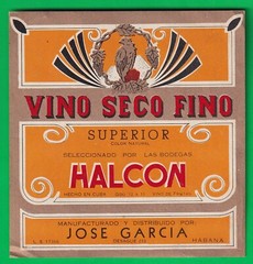 Cuba dry wine label brand « Halcon » produced by Jose Garcia,Halcon wineries,1940s