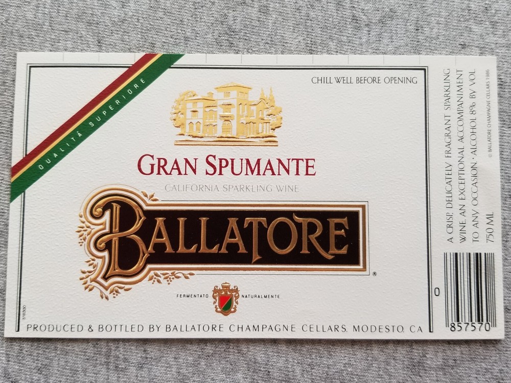 Vtg Ballatore Champagne Cellars Gran Spumante Wine Bottle Label Modesto CA