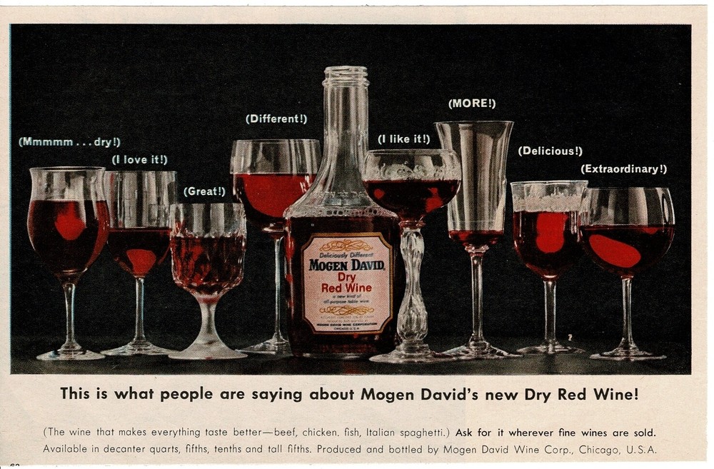 1963 MOGEN DAVID Dry Red Wine in 8 different glasses Vintage Print Ad