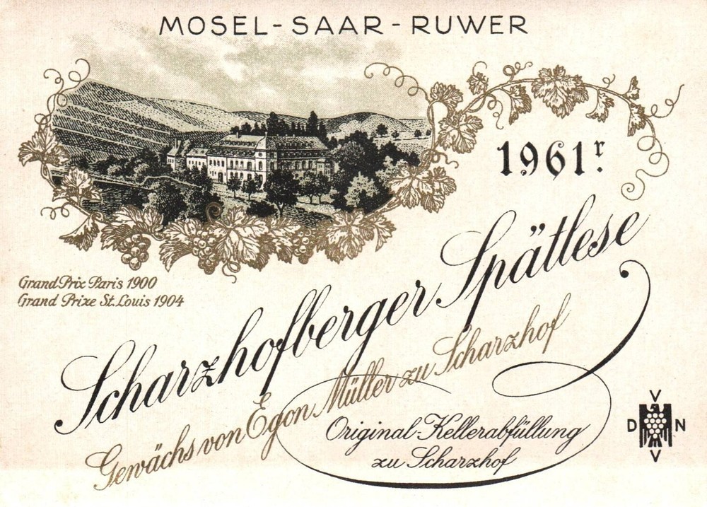 German Wine Label 1960s 1961er Mosel Saar Ruwer Scharzhofberger Grand Prize Vtg