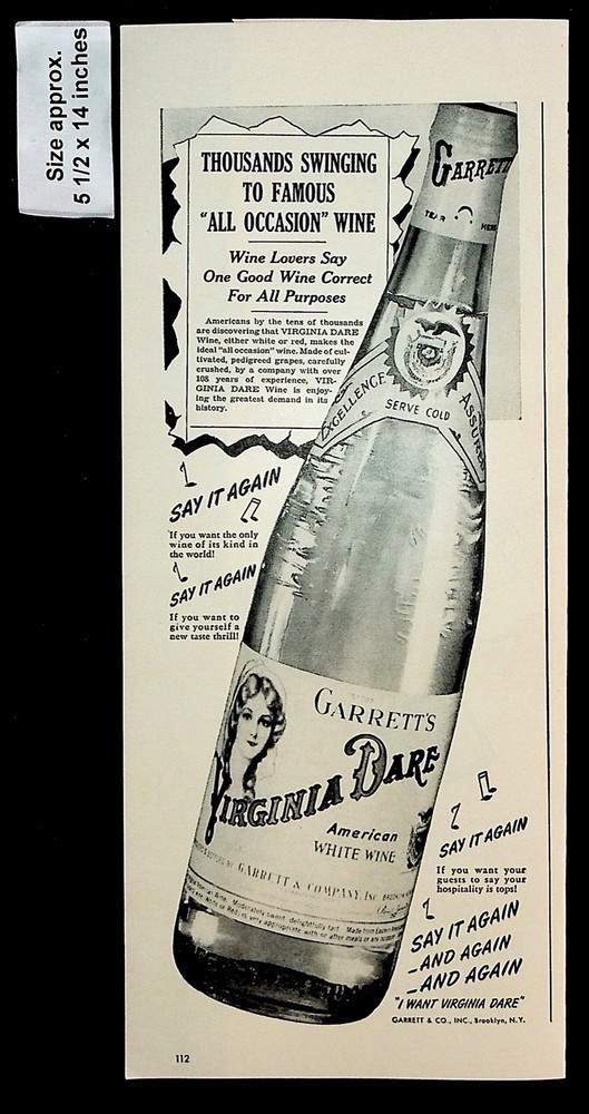 1943 Garrett&rsquo;s Virginia Dare American White Wine Drinks Vintage Print Ad 38402