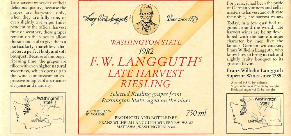 F.W. Langguth&rsquo;s Late Harvest Riesling Mattawa WA 1982 1980s Vtg Wine Label