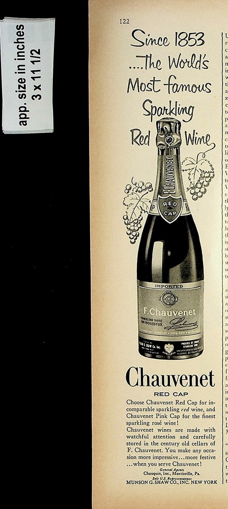 1961 Chauvenet Red Wine Sparkling Vintage Print Ad 7913