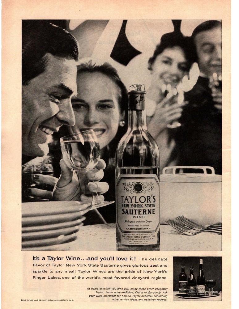 1958 Taylors New York State Sauterine Wine Finger Lakes Hammondsport NY Print Ad