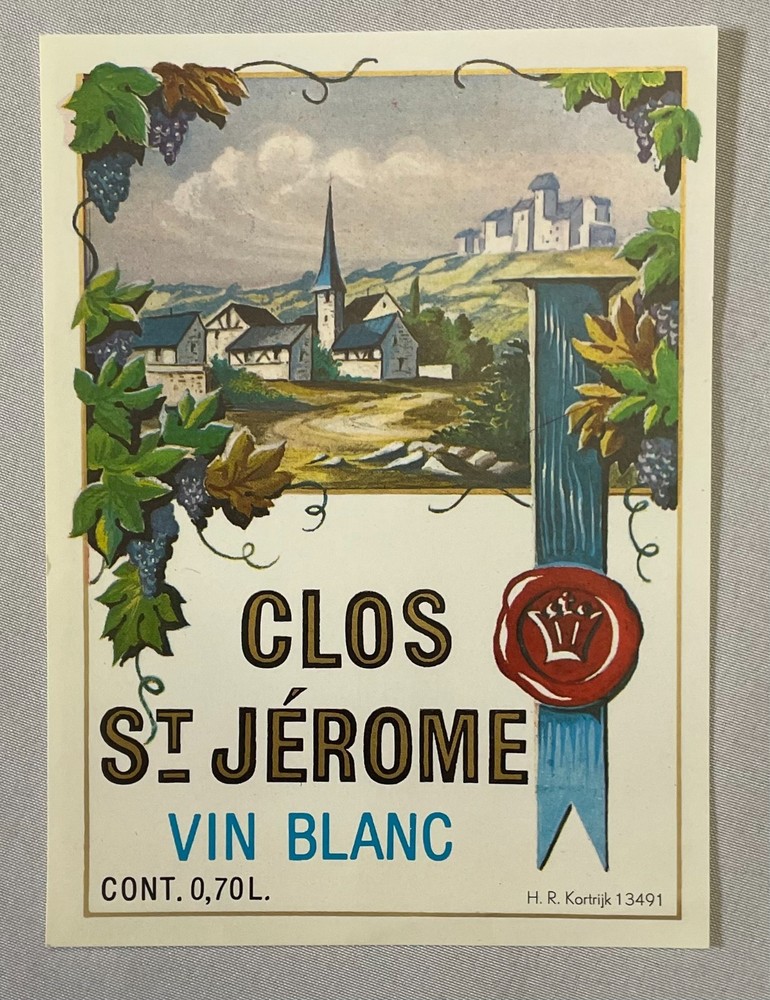 Vintage CLOS ST. JEROME VIN BLANC WINE LABEL 3-1/2 x 4-3/4 INCH