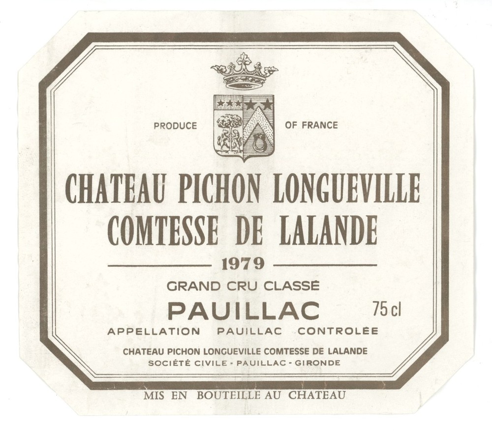 Chateau Pichon Longueville Wine Label 1979 France French Pauillac