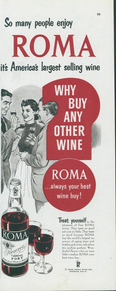 1953 Roma Wine California Port Glasses Party Reserve Best Buy Vtg Print Ad C8