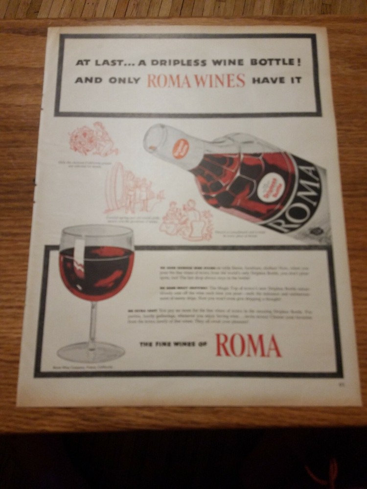 1954 Roma Wines Vintage Magazine Ad « Dripless wine bottle »
