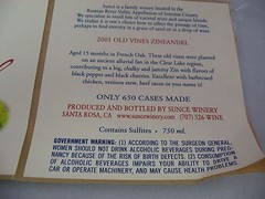 2001 Sunce Vineyard Zinfandel Wine Label Old Vines Clear Lake CA Unfiltered