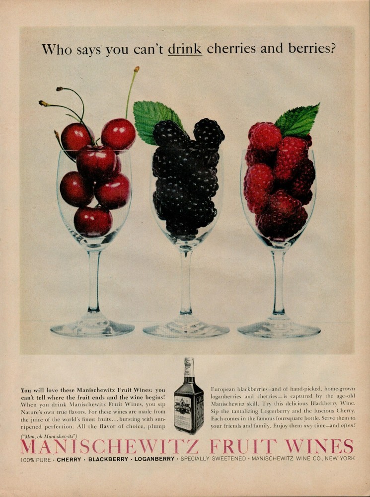 1958 Wine Alcohol Manischewitz Fruit 50s Vintage Print Ad Cherry Black Raspberry