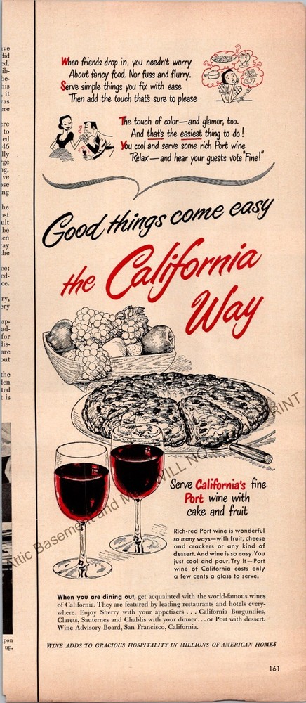 California Wines Print Ad 1952 Vintage Ephemera Wall Art Decor Port Chablis