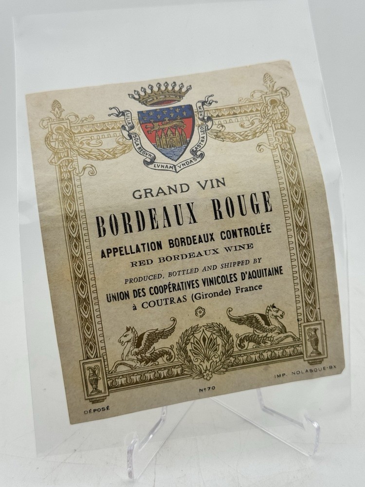 Vintage Grand Vin Bordeaux Rouge A Red Wine By Union Des Cooperatives Rare Rare