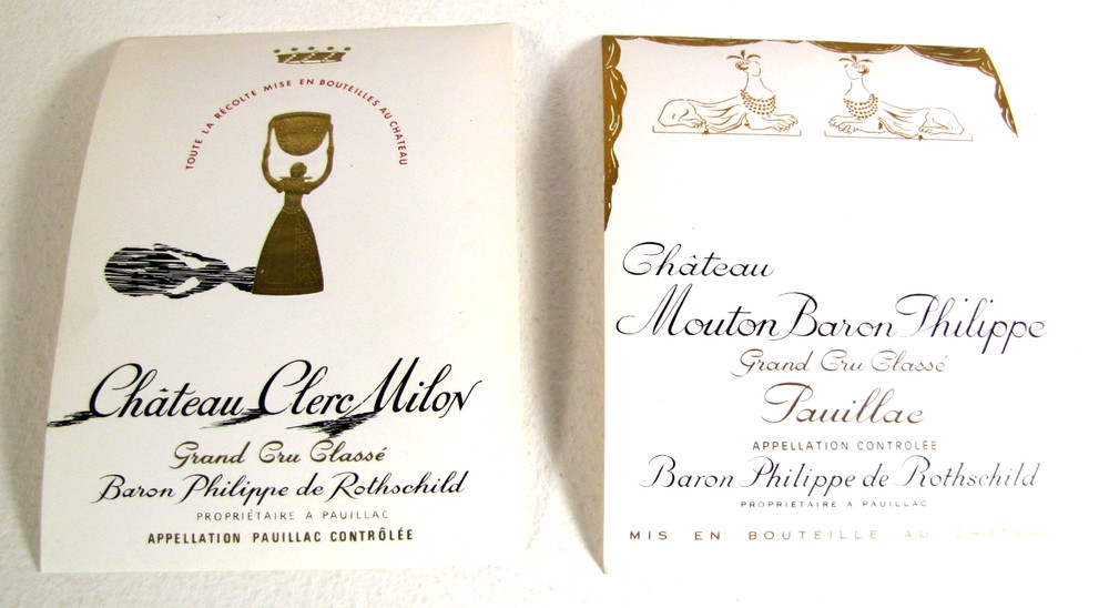 2 Vtg Wine Labels Mouton Baron Philippe de Rothschild Grand Cru Classe Pauillac