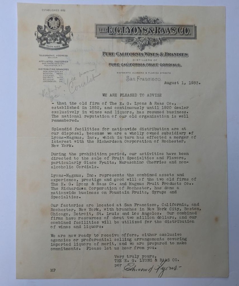 1933 POST PROHIBITION BUSINESS LETTER from SAN FRANCISCO WINE DEALER LYONS, RAAS