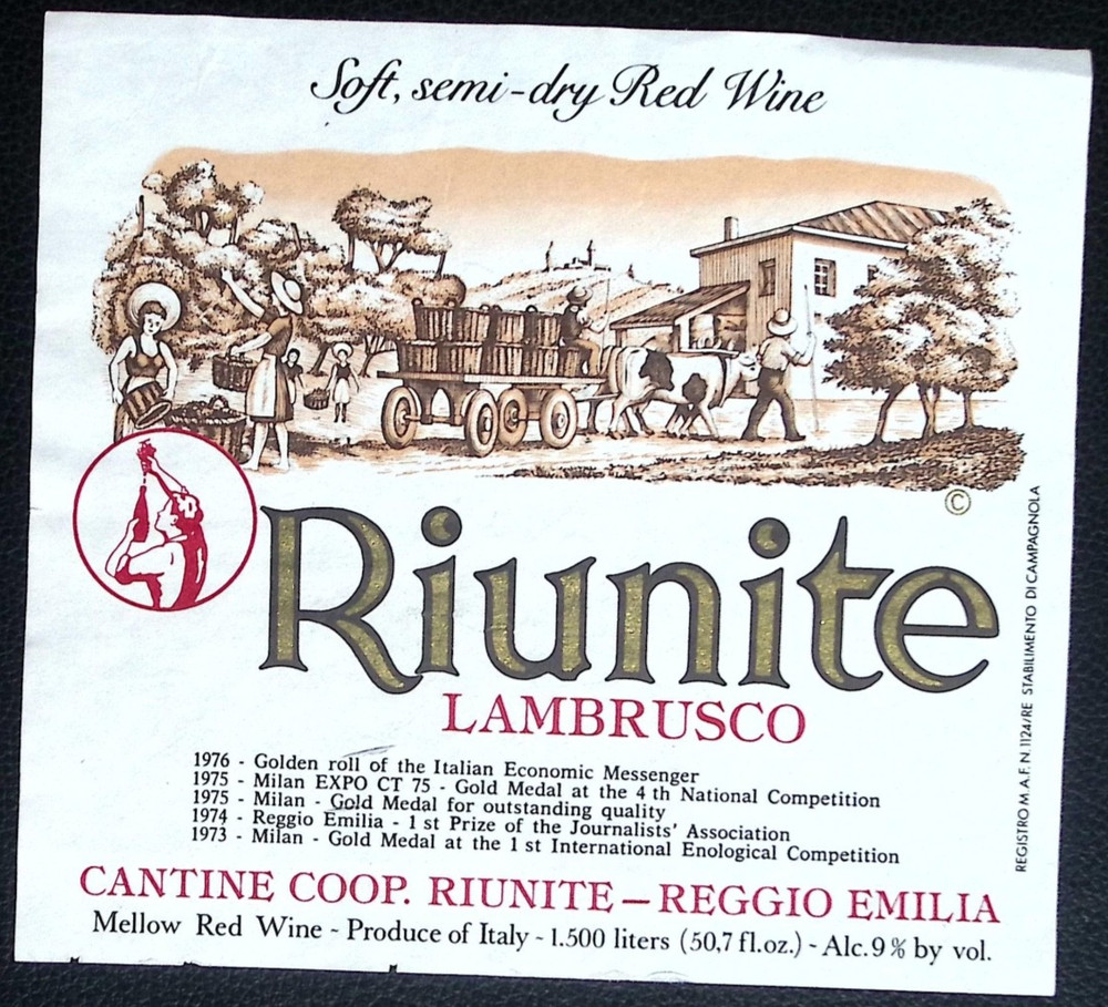 Vintage Riunite Lambrusco Italian Wine Label Reggio Emilia Italy