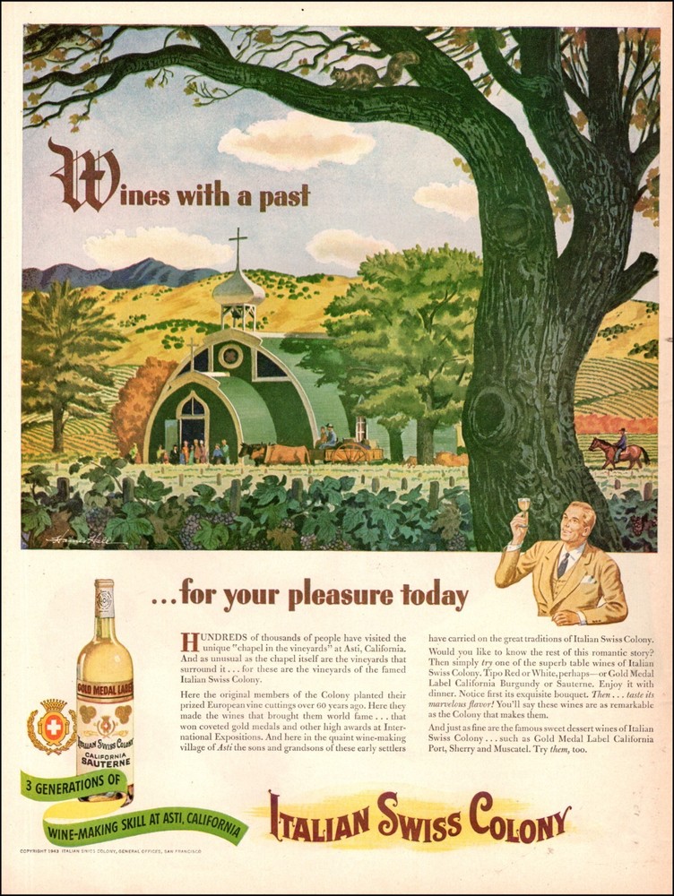 1943 WW2 era Ad ITALIAN SWISS COLONY California Wine for 3 Generations 112524