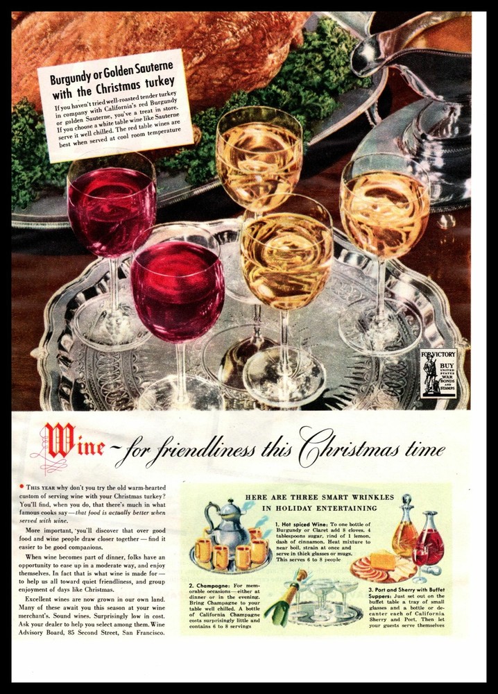 1943 Wine Advisory Board « For Friendliness This Christmas Time » Turkery Print Ad