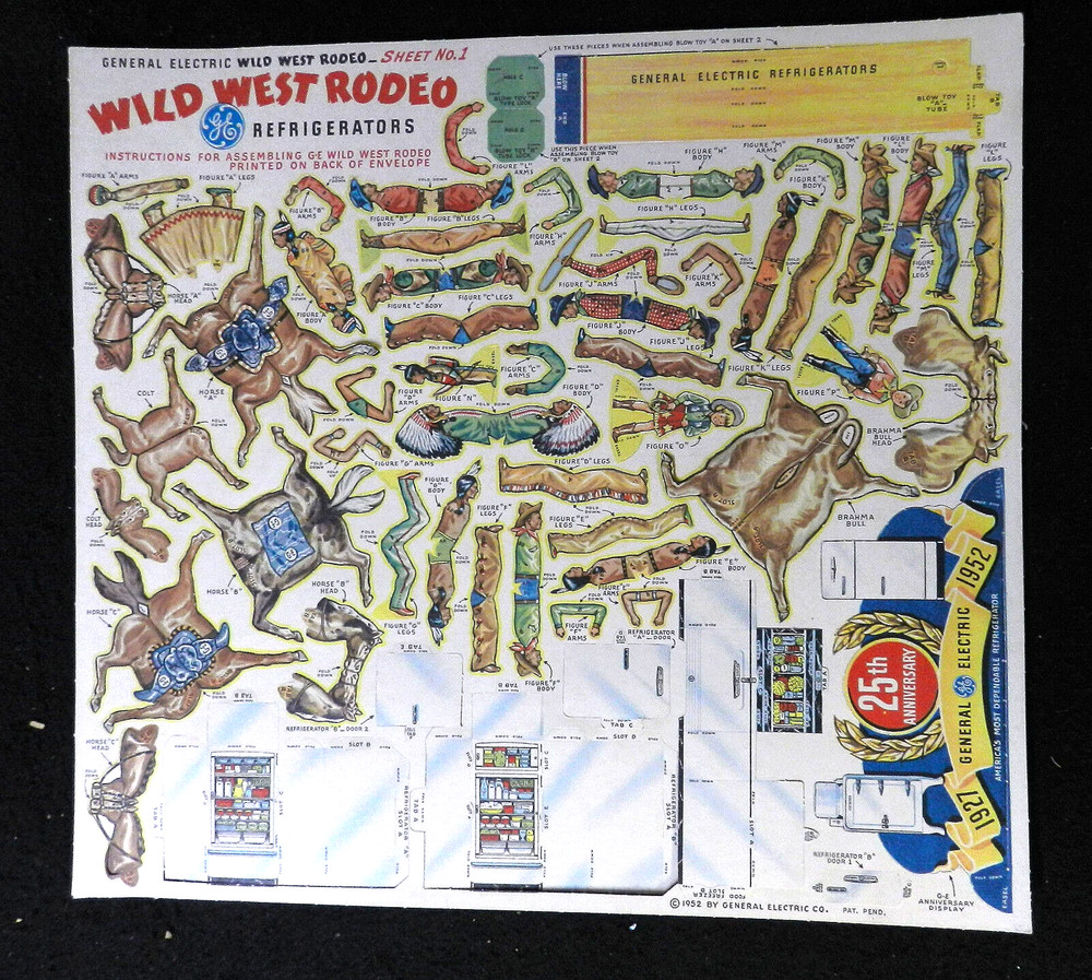 1952 GENERAL ELECTRIC REFRIGERATOR WILD WEST RODEO PUNCH OUT PIECES
