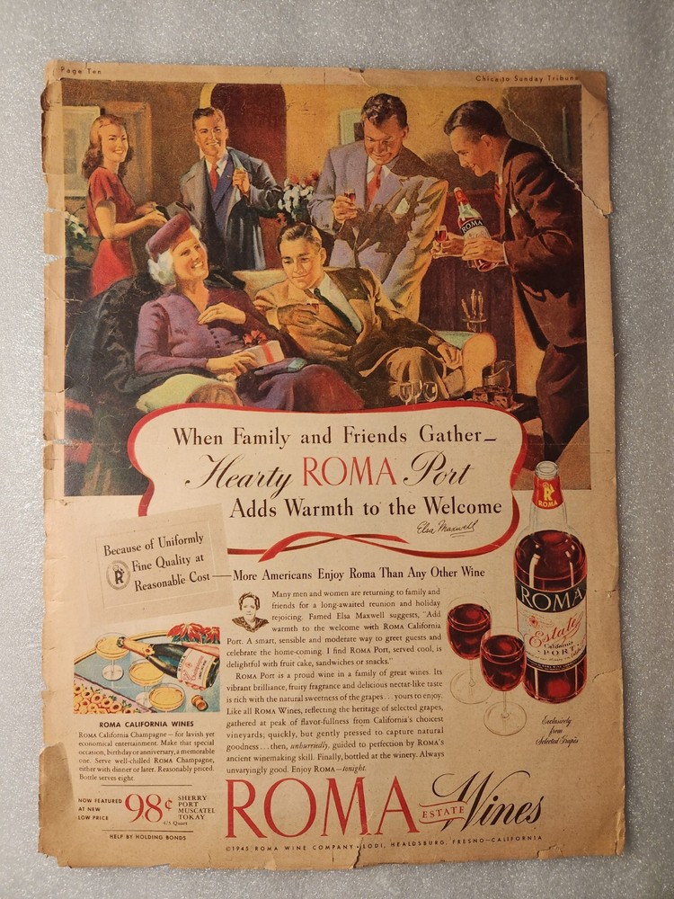 1945 « Roma Estate Wines » & « Guild Wine Sherry » Magazine Ads from Chicago Tribune