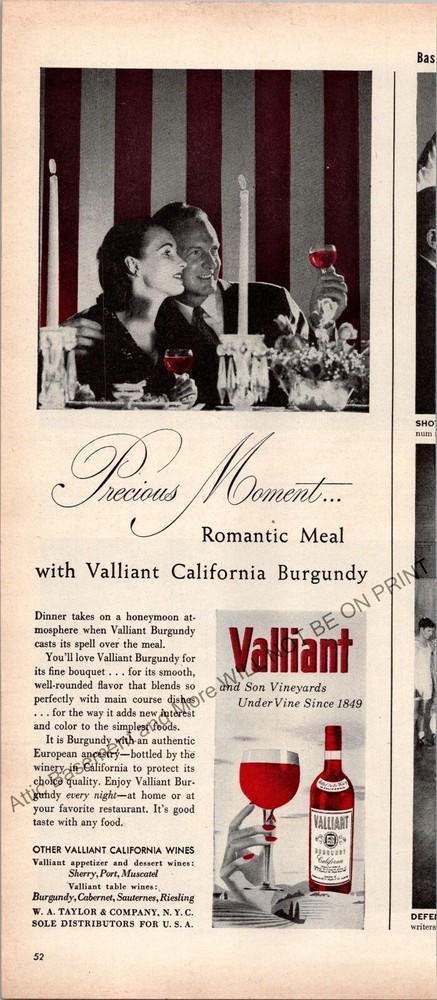 Valliant Wines Print Ads 1947 Vintage Ephemera Wall Art Decor by Nat White