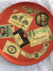 Vintage Wine Labels On A West Germany Tray 1953 Hochheimer Randersaderer