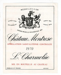 Chateau Montrose Wine Label 1970 France French Saint Estephe L. Charmolue