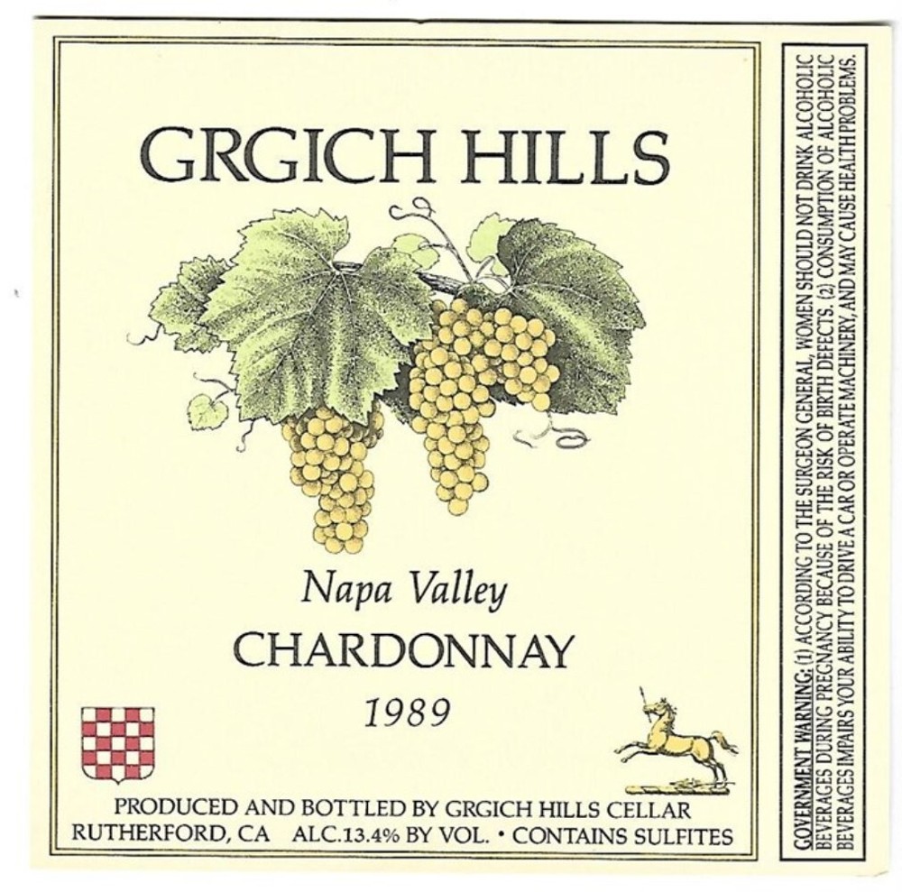 1989 GRGICH HILLS Wine Label Napa Valley Chardonnay Rutherford California Grapes