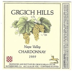 1989 GRGICH HILLS Wine Label Napa Valley Chardonnay Rutherford California Grapes