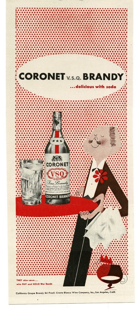 1945 Coronet VSQ Fine Brandy WWII Buy War Bonds Vintage Print Ad 1