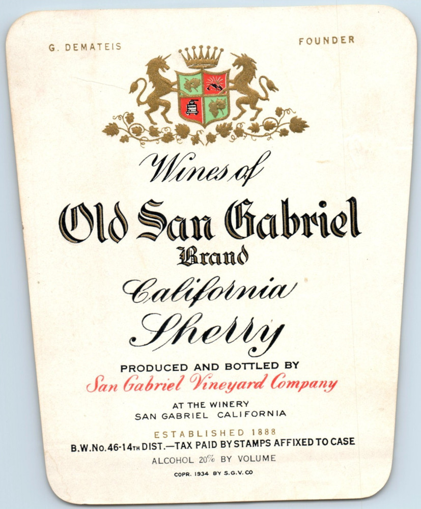 1930s-40s Old San Gabriel Brand California Sherry Wine Bottle Label #DI