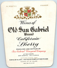 1930s-40s Old San Gabriel Brand California Sherry Wine Bottle Label #DI