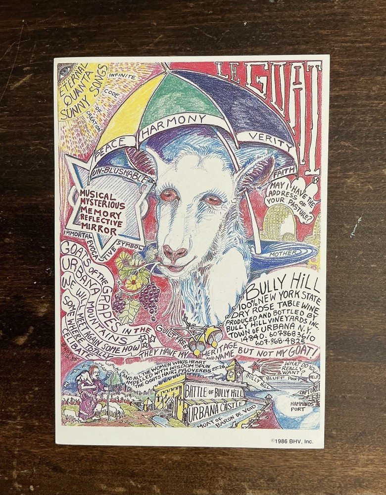 Vintage 1986 Bully Hill Goat of Grapes Dry Rose Wine Label Walter Taylor Art NY