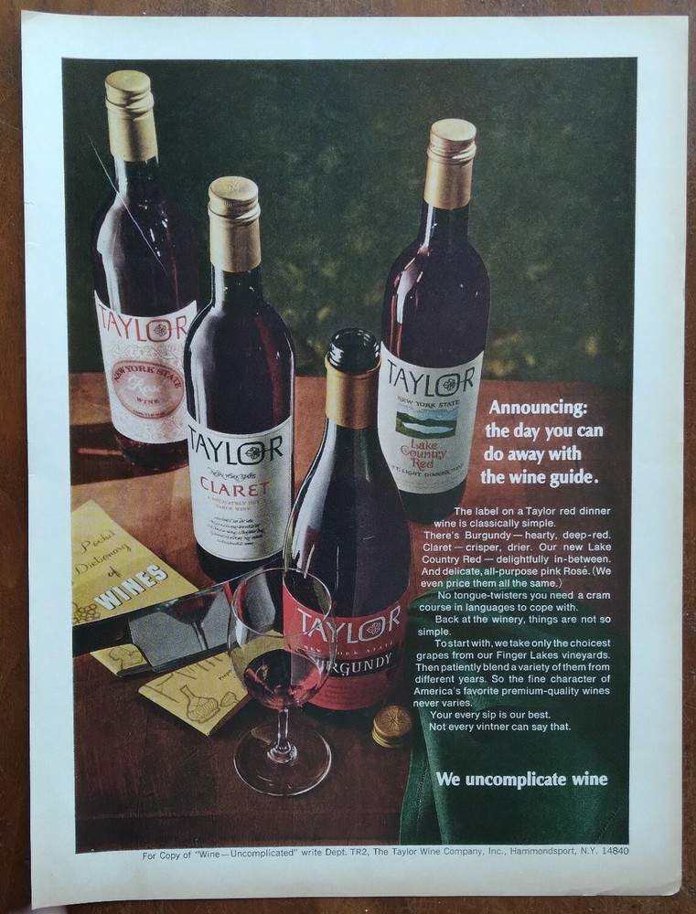 1968 Taylor Wine Company Red Wine Photo 4 Wine Bottle Art Vintage Print Ad
