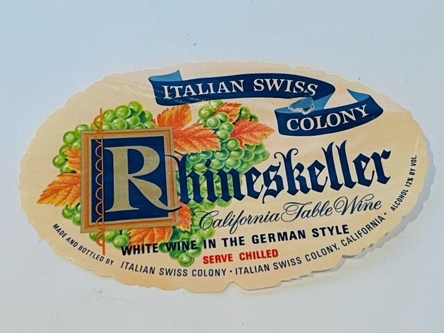 Wine Label vtg advertising ephemera Liquor sign Swiss California Rhineskeller CA