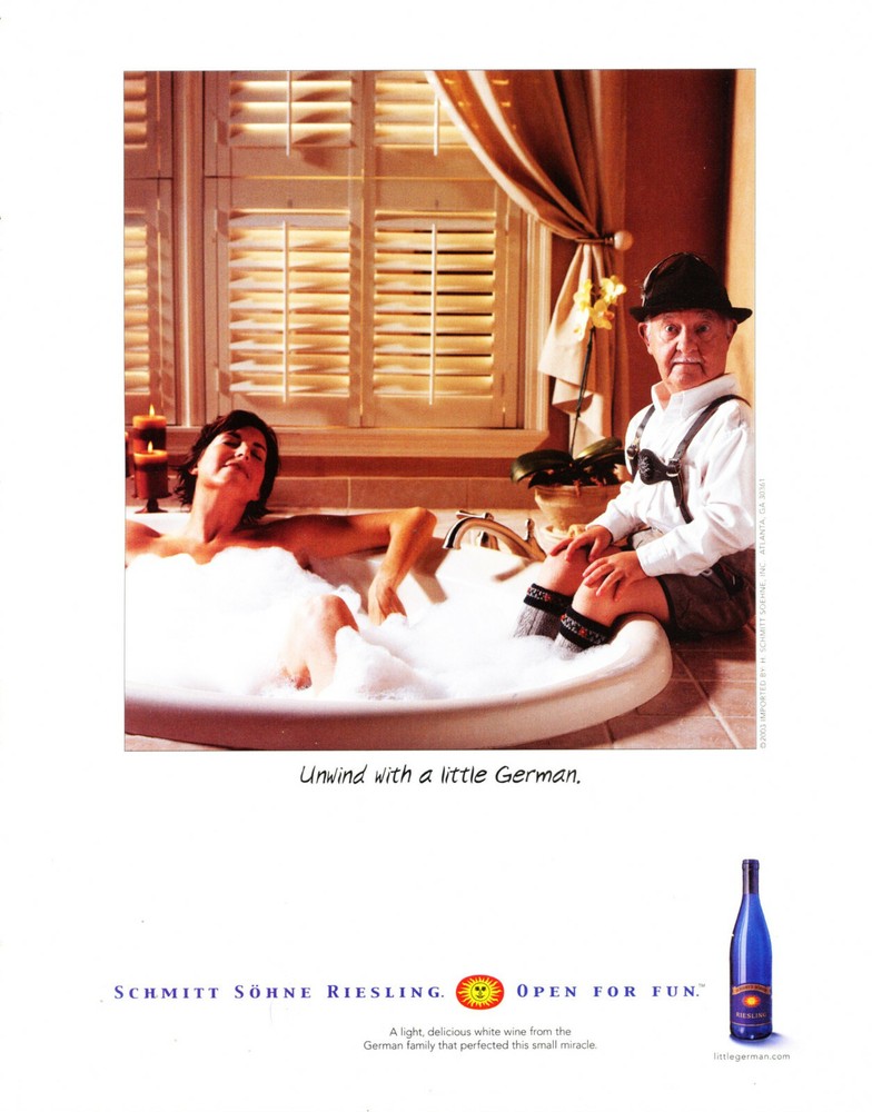 SCHMITT SOHNE WINE AD #6 RARE 2003 OOP « UNWIND WITH A LITTLE GERMAN »
