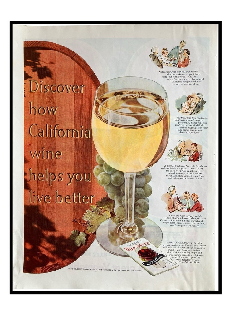 Vtg California Wine Helps You Live Better Print Ad 1956 Kitchen Bar Decor 10×13