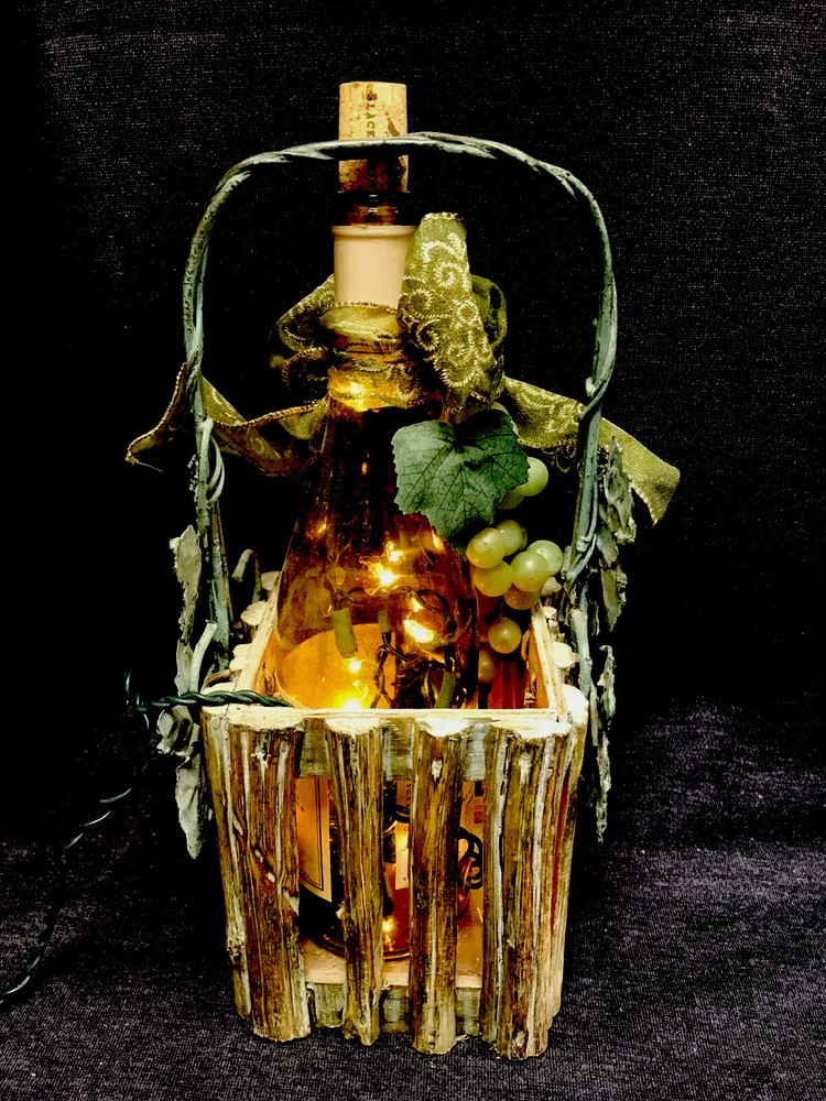 Wine Bottle Light / Nightlight / metal and wood basket Black Mountain Vineyard