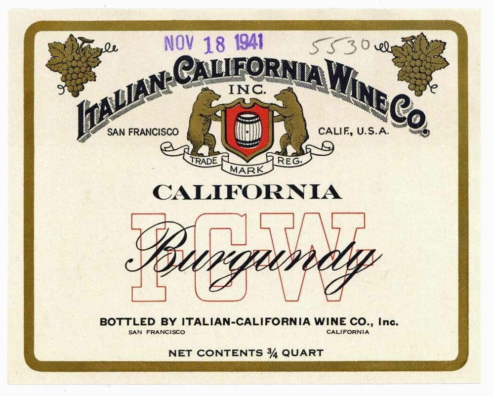 Italian California Wine Co., Brand, Burgundy, 1940s Wine Label 180