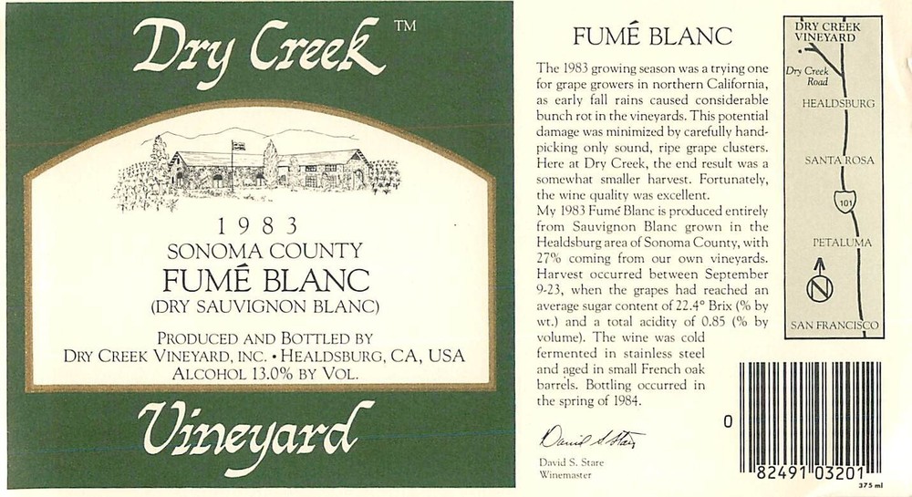 Dry Creek Sonoma County Fume Blanc Healdburg CA 1983 1980s Vtg Wine Label