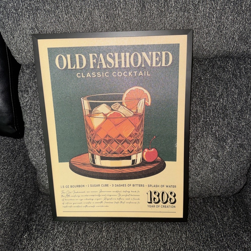 Vintage Old Fashioned Classic Cocktail Framed Art Sign Bar Decor Recipe Print