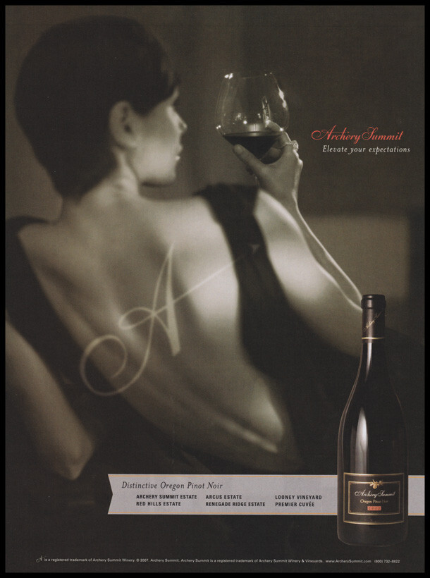 Archery Summit wine print ad 2007 Woman&rsquo;s bare back