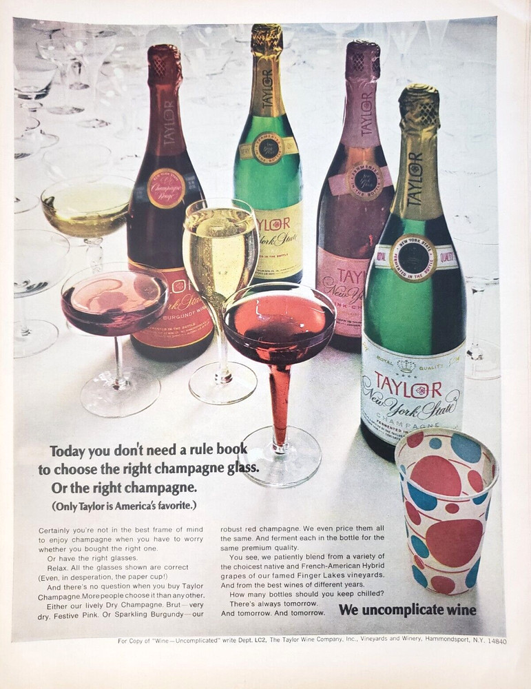 PRINT AD Taylor New York State Wine Champagne 1968 10.5×13 Bottles Glasses